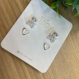 Brinco Duplo Coração Urso